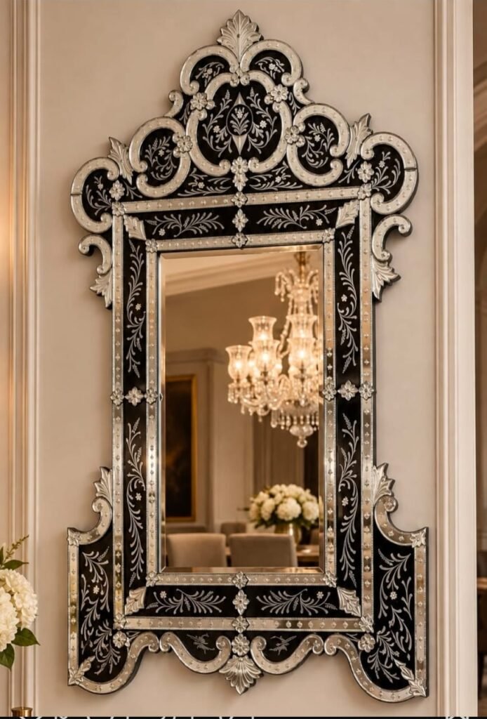 The Castello Imperial Venetian Wall Mirror – Black & Etched Silver Glass