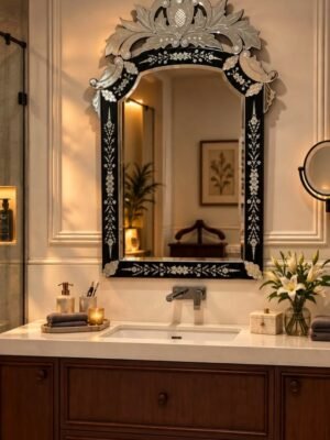 Handcrafted Venetian Wall Mirror – Arched Baroque Crown Top with Ornate Black and Silver Floral Etched Glass Frame