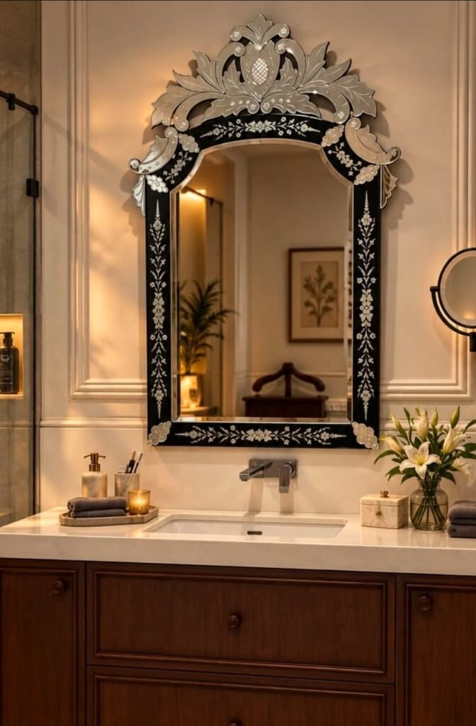 Handcrafted Venetian Wall Mirror – Arched Baroque Crown Top with Ornate Black and Silver Floral Etched Glass Frame