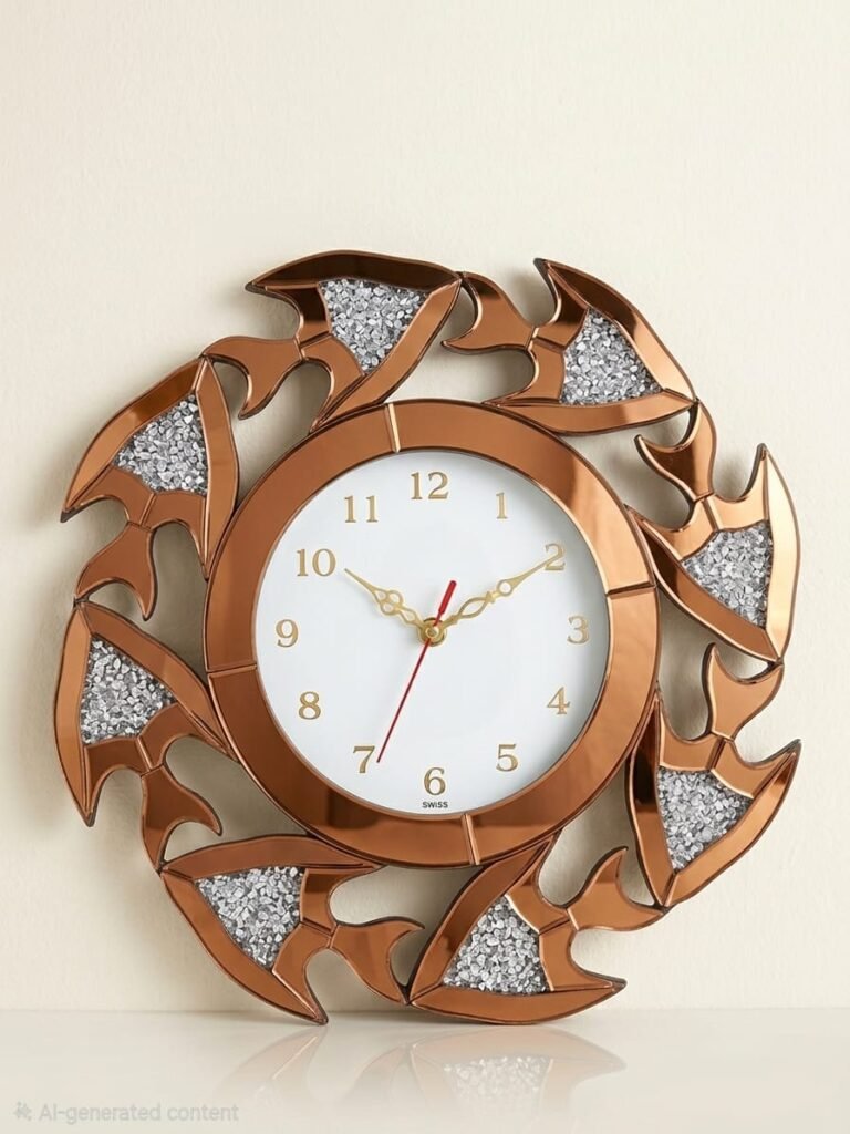 "Luxury Crushed Diamond Mirrored Wall Clock – Modern 3D Geometric Fish Silhouette Design, Silent Non-Ticking Quartz Movement"