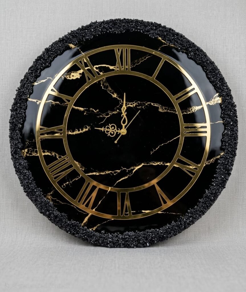Luxury Black Resin Geode Wall Clock with Gold Roman Numerals