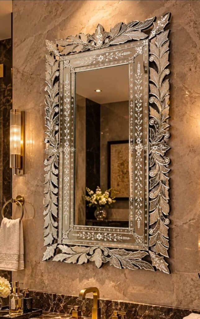 Ornate Venetian Wall Mirror – Luxury Handcrafted Rectangular Glass Frame with Intricate Floral Etching & Beveled Edges