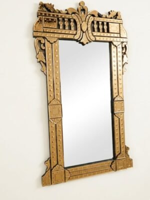 Ornate Giltwood Wall Mirror – Hand-Carved Antique Bronze Rectangular Pier Mirror with Architectural Crown and Studded Detail