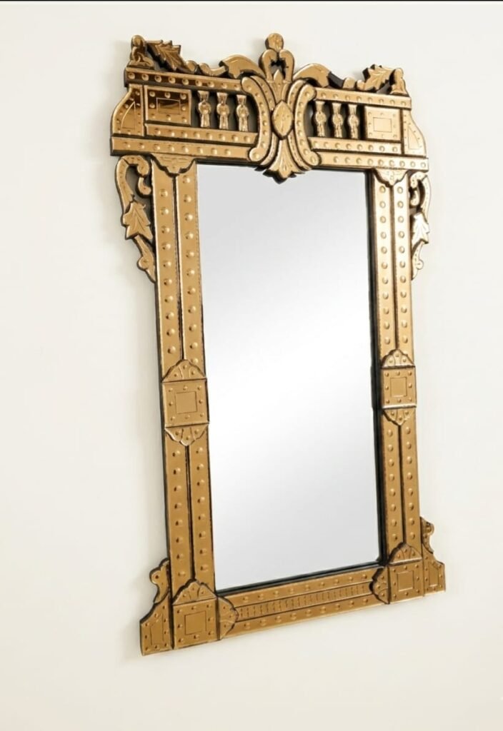 Ornate Giltwood Wall Mirror – Hand-Carved Antique Bronze Rectangular Pier Mirror with Architectural Crown and Studded Detail
