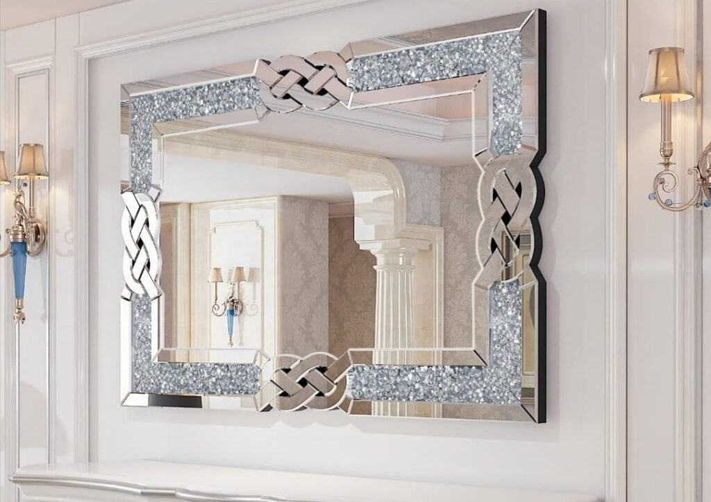 Luxury Crushed Diamond Wall Mirror – Rectangular Silver Glitz Accent Mirror with Celtic Infinity Knot Frame – Glam Crystal Glass Vanity Decor for Living Room, Bedroom & Bathroom