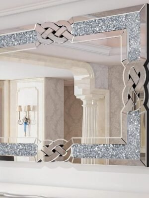 Luxury Crushed Diamond Wall Mirror – Rectangular Silver Glitz Accent Mirror with Celtic Infinity Knot Frame – Glam Crystal Glass Vanity Decor for Living Room, Bedroom & Bathroom