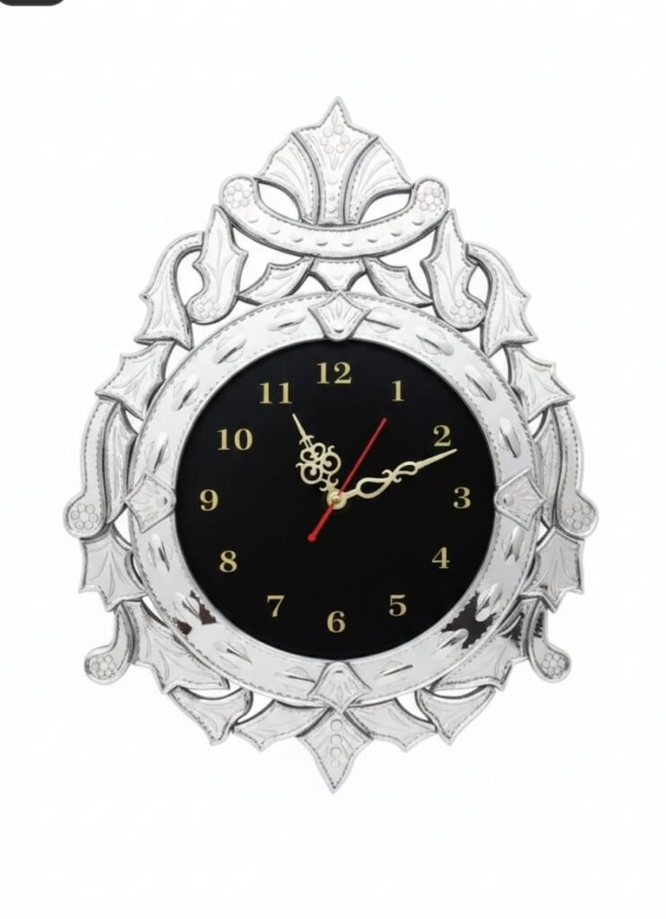 Ornate Venetian Glass Mirror Wall Clock – Luxury Vintage Baroque Style Analog Clock with Black & Gold Dial, Decorative Silver Leaf Trim for Living Room & Foyer Wall Art
