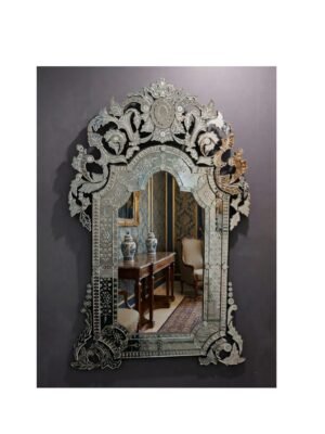 Ornate Venetian Glass Wall Mirror – Antique Style Murano Hand-Etched Mirror Frame with Decorative Crown, Large Regal Living Room & Entryway Statement Piece
