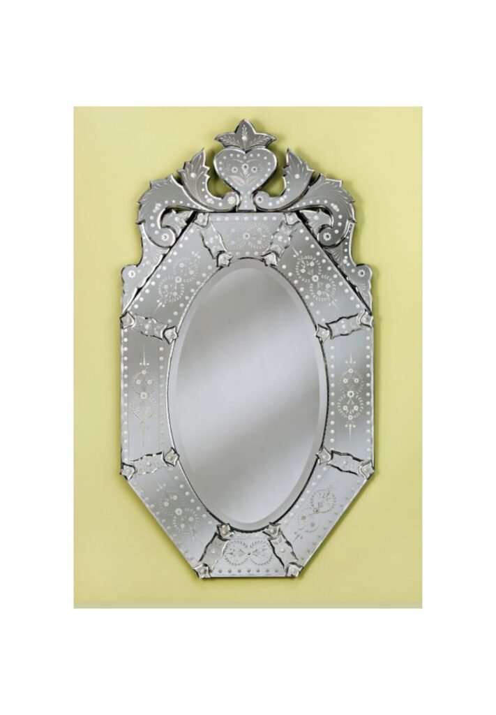 Venetian Hand-Etched Oval Wall Mirror with Ornate Glass Crown