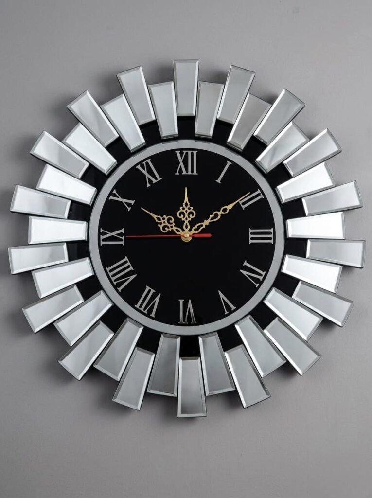 "Silver Mirror Starburst Wall Clock – Luxury 3D Beveled Geometric Glass Wall Art for Living Room, Foyer & Office"