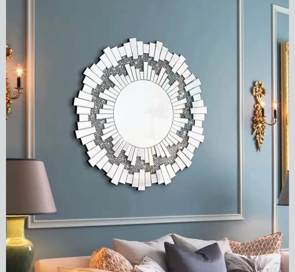 Round Crushed Diamond Mirror 3D Sunburst Wall Decor