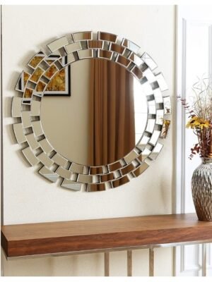 Aura Decó Beveled Geometric Wall Mirror – 36" Round Architectural Accent