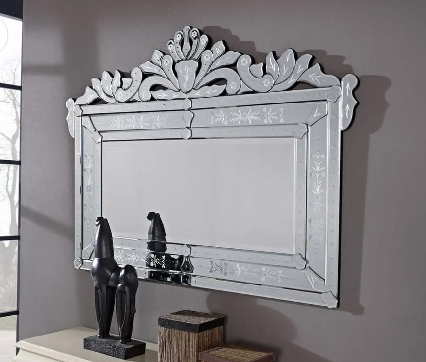 Handcrafted Oversized Venetian Wall Mirror with Floral Etching