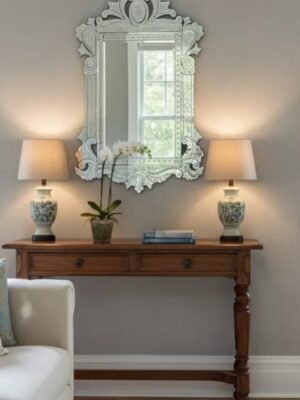 Handcrafted Venetian Style Mirror – 24"x42" Decorative Ornate Wall Mirror with Floral Etched Glass Frame, Elegant Crown Top Beveled Vanity Mirror for Bedroom & Bathroom Decor