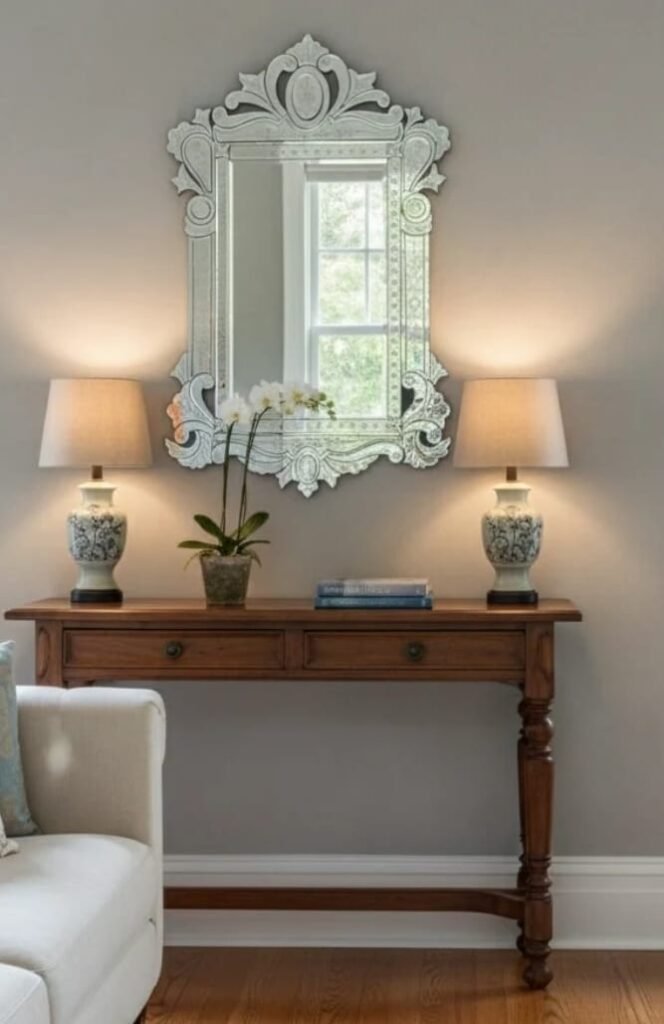 Handcrafted Venetian Style Mirror – 24"x42" Decorative Ornate Wall Mirror with Floral Etched Glass Frame, Elegant Crown Top Beveled Vanity Mirror for Bedroom & Bathroom Decor