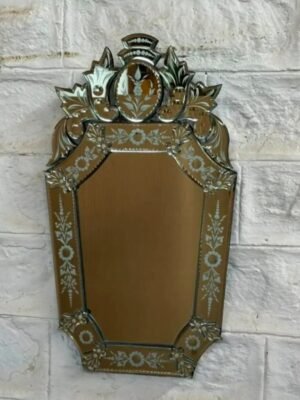 Handcrafted Venetian Wall Mirror – Vintage Art Deco Frameless Glass Mirror with Etched Floral Crest for Living Room, Entryway, and Luxury Home Decor